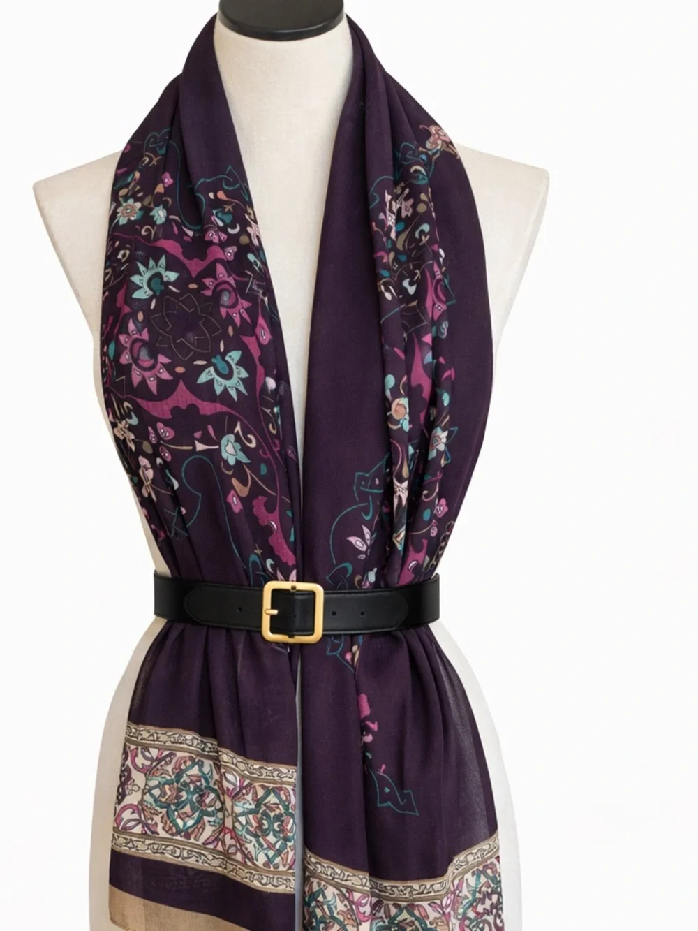 Eggplant Plum Scarf Floral Beige Border Teal Pink Lightweight Wrap by Alvise